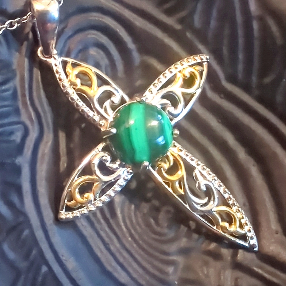 Malachite Cross Stainless Steel Pendant - Picture 2 of 10